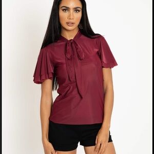 Blackmilk Burgundy Tie-Neck Blouse flutter sleeves